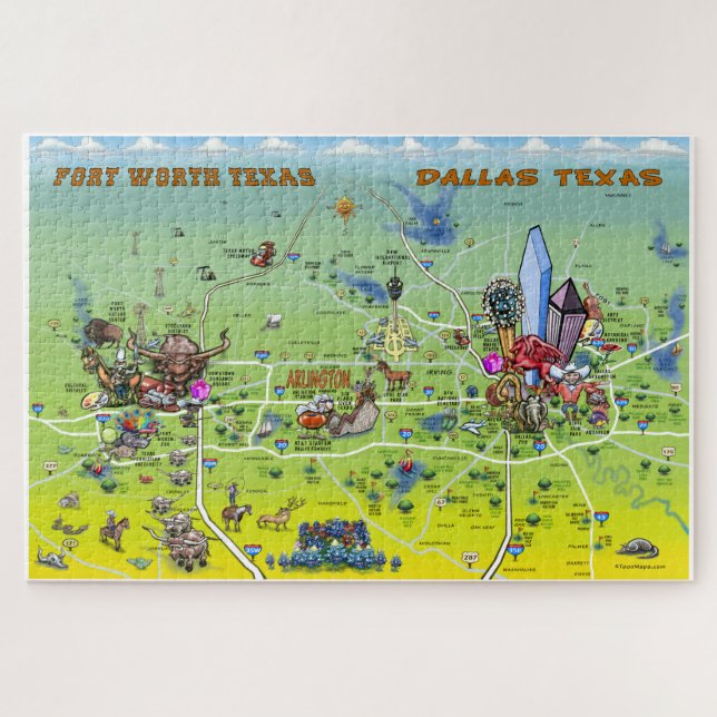 Quebra-cabeça Mapa dos desenhos animados de Dallas Fort Worth (Horizontal)
