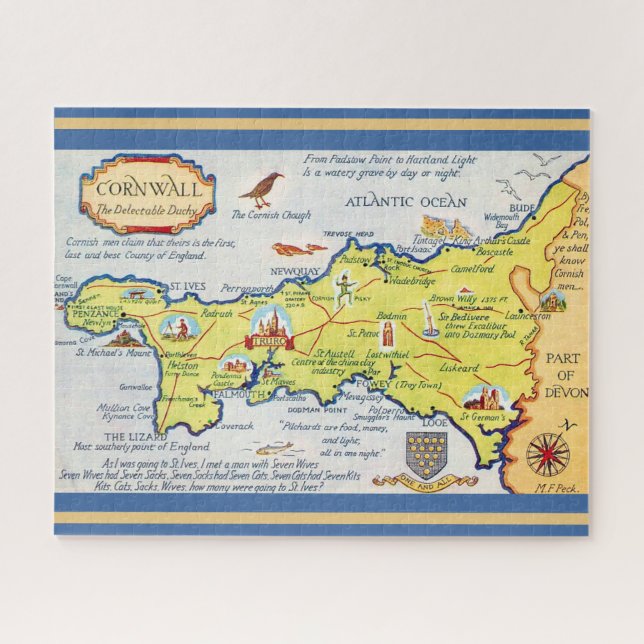Quebra-cabeça Mapa Ilustrado 16x20 de Cornwall Inglaterra (Horizontal)