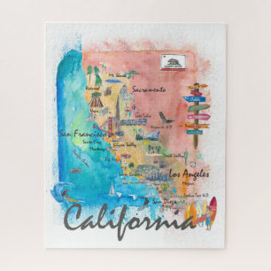 Quebra-cabeça Mapa Ilustrado da Califórnia com Destaques Turís
