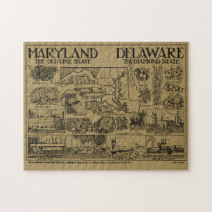 Quebra-cabeça Mapa Ilustrativo de Vintage Maryland e Delaware
