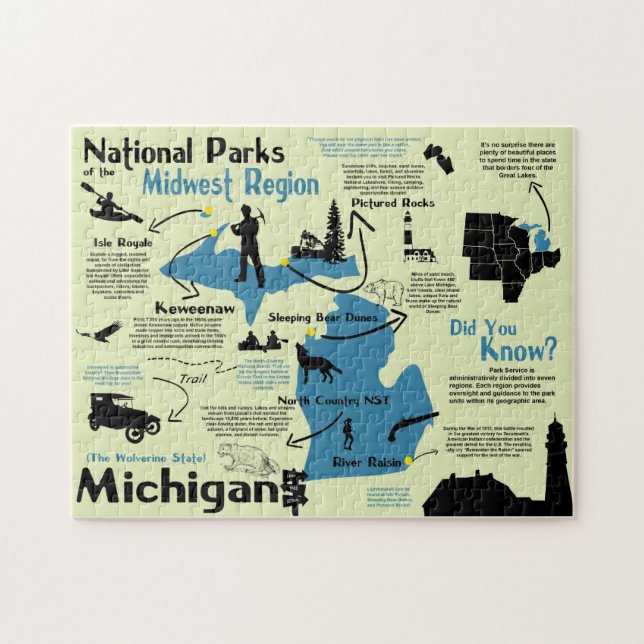 Quebra-cabeça Mapa Infográfico dos Parques Nacionais do Michigan (Horizontal)
