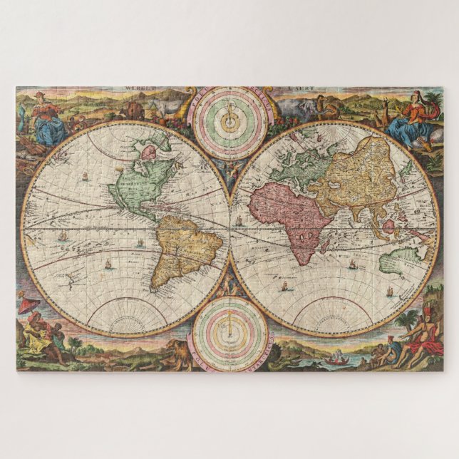 Quebra-cabeça Mapa Mundial Antiquado em dois Hemisférios (Horizontal)