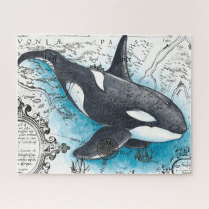 Quebra-cabeça Mapa náutico de Cor Azul de Baleia Orca