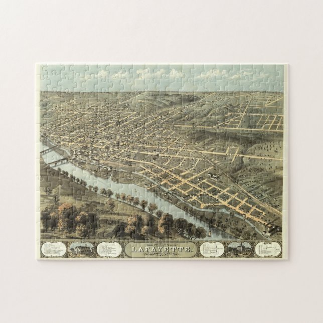 Quebra-cabeça Mapa Pictórico Vintage de Lafayette Indiana (1868) (Horizontal)