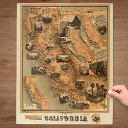 Quebra-cabeça Mapa Único Restaurado Vintage da Califórnia, 1885