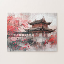 Quebra-cabeça Mapeamento vermelho de aquarela chinesa por templo
