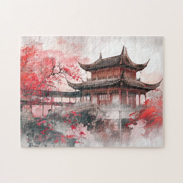 Quebra-cabeça Mapeamento vermelho de aquarela chinesa por templo (Horizontal)