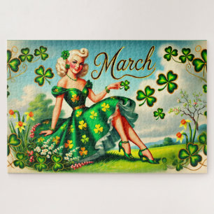 Quebra-cabeça Marcha Retro Pin-Up Rapariga Rua. Dia de Patrick