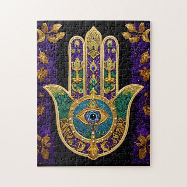 Quebra-cabeça Mardi Gras Dourada Roxo Verde Arte Hamsas (Vertical)