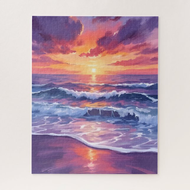 Quebra-cabeça Maré Violeta | Ondas do Oceano ao Pôr do Sol Roxo (Vertical)