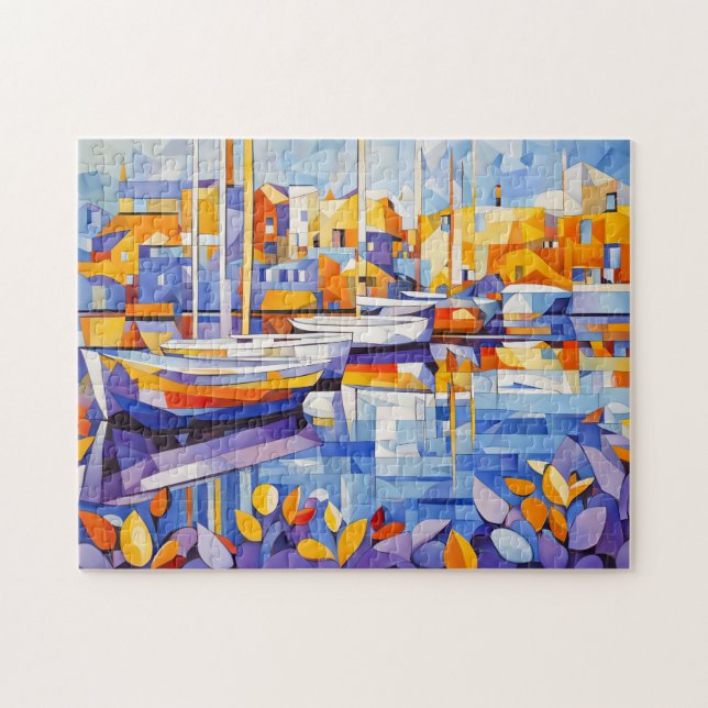 Quebra-cabeça Marina Cubista com Barcos e Reflexões (Horizontal)