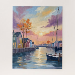 Quebra-cabeça Marina de Barcos Pintura em Aquarela da Baía Cos