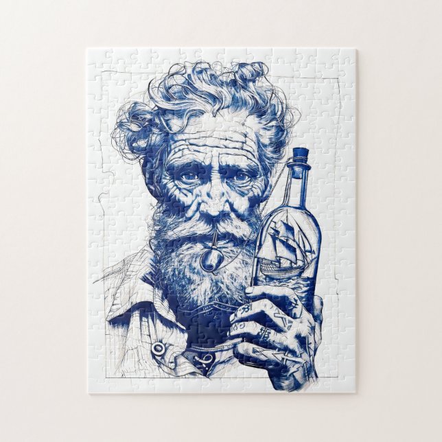 Quebra-cabeça Marinheiro segurando garrafa contendo modelo de na (Vertical)