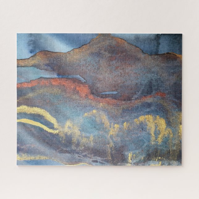 Quebra-cabeça Marinho abstrato Azul Dourado Aquarela Elegante Mo (Horizontal)