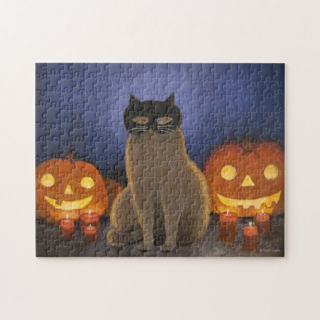 Quebra-cabeça Máscara de Gato Halloween & Jack-o'-lanterna (Horizontal)