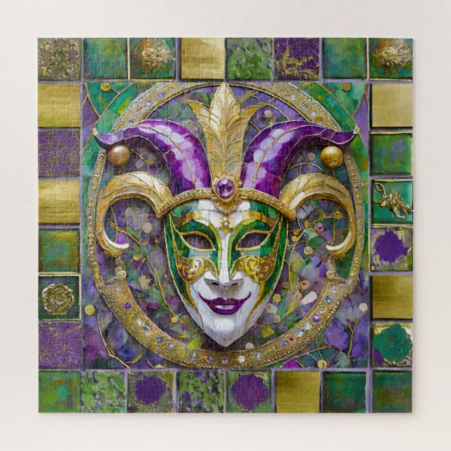 Quebra-cabeça Máscara de Jester do Mardi Gras Roxa Verde Dourada (Vertical)