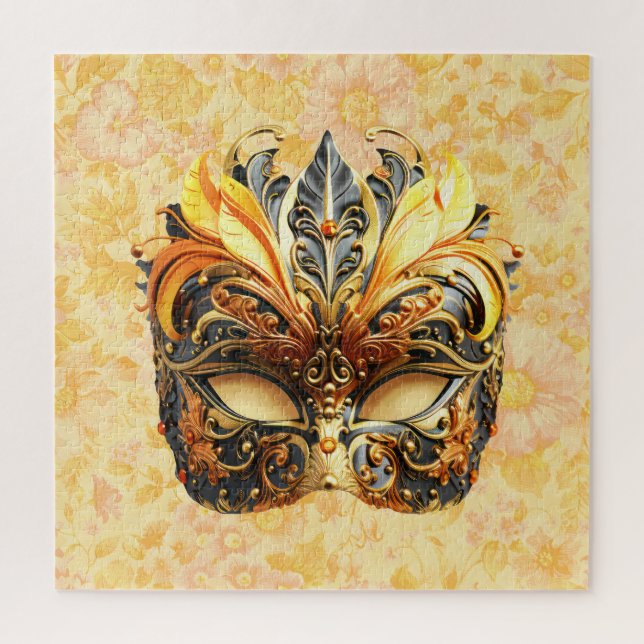 Quebra-cabeça Máscara de pena amarela sobre padrão floral (Vertical)