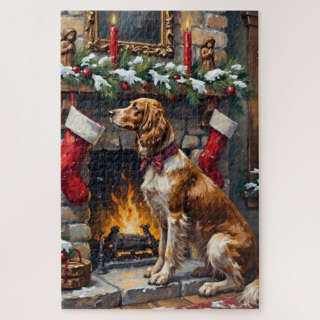 Quebra-cabeça Meia de Natal junto à Lareira com Setter Inglês (Vertical)