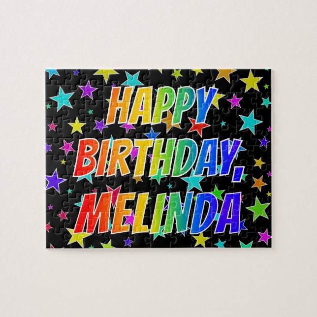 Quebra-cabeça "MELINDA" Primeiro Nome, Diversão "FELIZ ANIVERSÁR (Horizontal)
