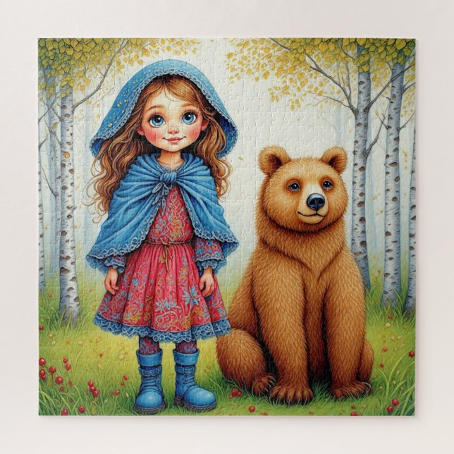 Quebra-cabeça Menina Adorável e Urso em Floresta Caprichosa (Vertical)