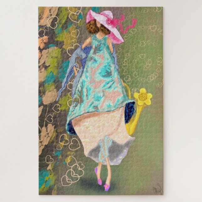 Quebra-cabeça Menina ama Flores da primavera Desenhando Fantasia (Vertical)