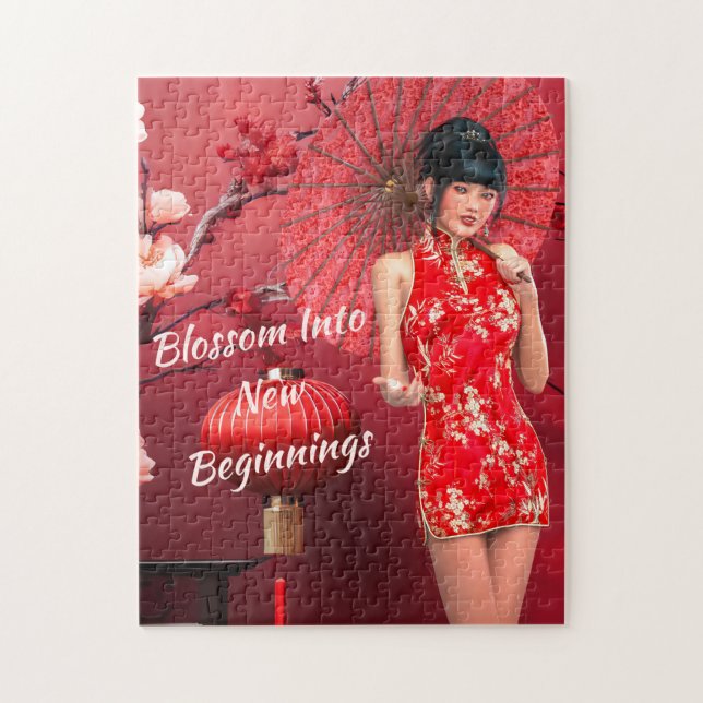 Quebra-cabeça Menina chinesa de ano novo com guarda-chuva vermel (Vertical)