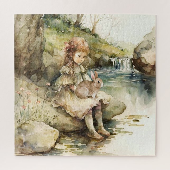 Quebra-cabeça Menina Com Coelho Pintura Em Aquarela (Vertical)