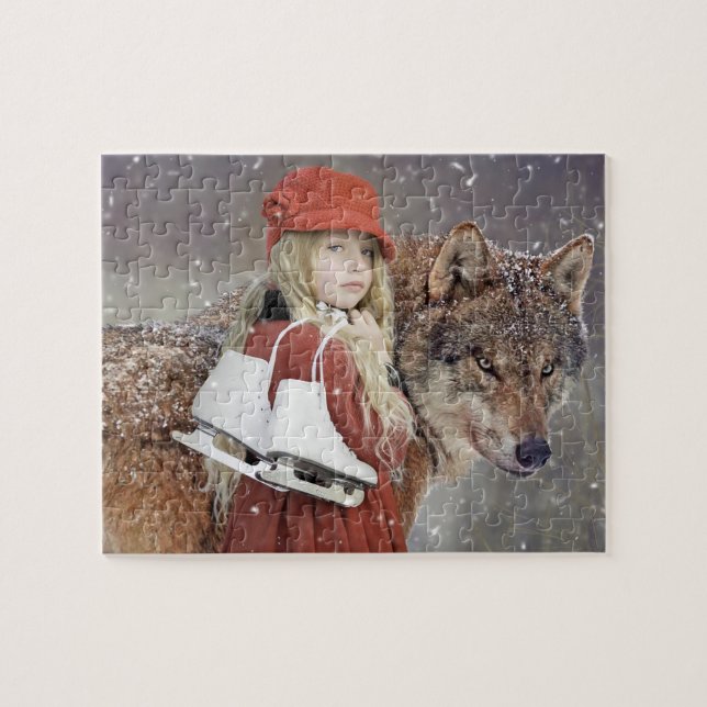 Quebra-cabeça Menina com Lobo e Patins Jigsaw Puzzle de Inverno (Horizontal)
