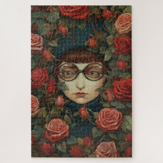 Quebra-cabeça Menina com óculos cercada por rosas   (Vertical)