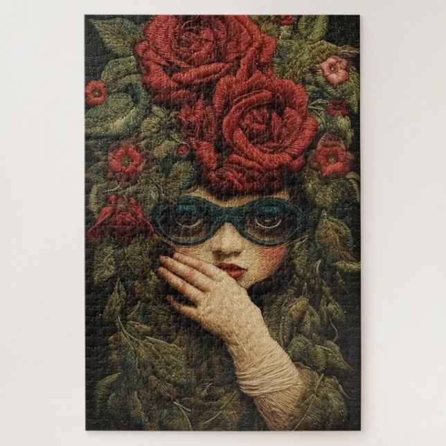 Quebra-cabeça Menina com óculos e rosas bordadas   (Vertical)