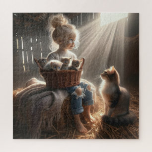 Quebra-cabeça Menina com uma cesta de gatinhos