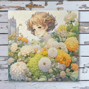 Quebra-cabeça Menina de Anime em Flores Amarelas