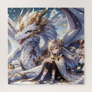 Quebra-cabeça Menina de Animes e Dragão Branco e Dourado