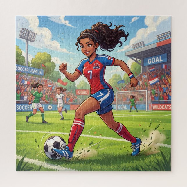 Quebra-cabeça Menina de Desenho Animado Fofo Jogando Futebol (Vertical)