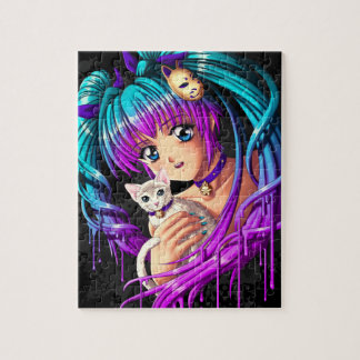 Quebra-cabeça Menina de Manga do gatinho e da trança