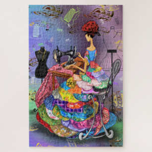 Quebra-cabeça Menina de Seamstress com Vestido Colorido - Desenh