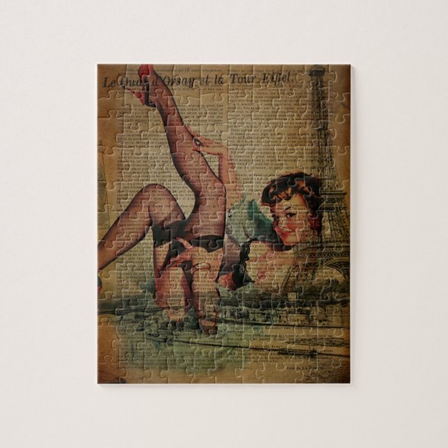 Quebra-cabeça menina do bachelorette da torre Eiffel de Paris (Vertical)