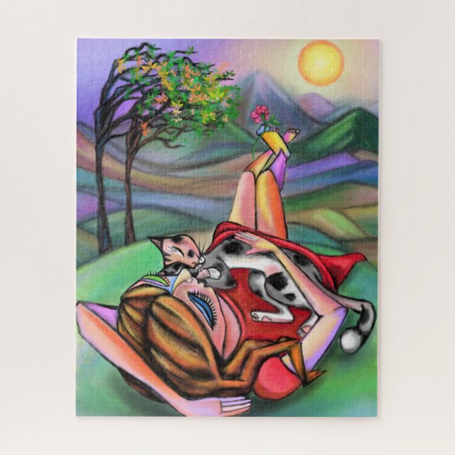Quebra-cabeça Menina e Gato no Estilo de Arte da Natureza (Vertical)