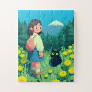Quebra-cabeça Menina e Gato Preto em Campo de Flores