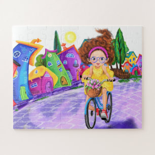 Quebra-cabeça Menina Feliz E Bonita Numa Bicicleta Com Tulipas D
