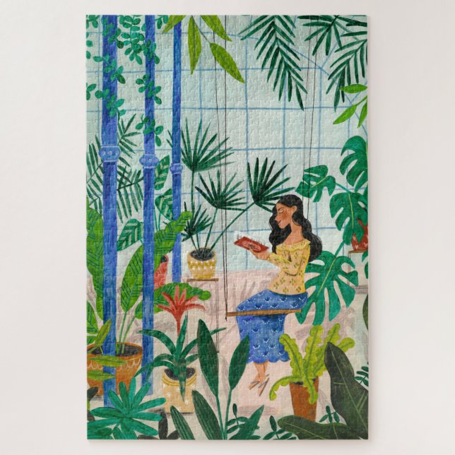 Quebra-cabeça Menina lendo plantas de estufa azul mindfulness (Vertical)
