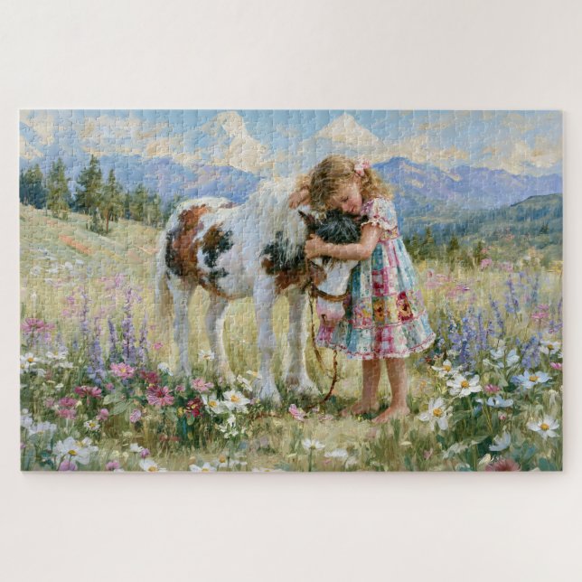 Quebra-cabeça Menina Pônei Montanhas Prado Flores Pintura (Horizontal)