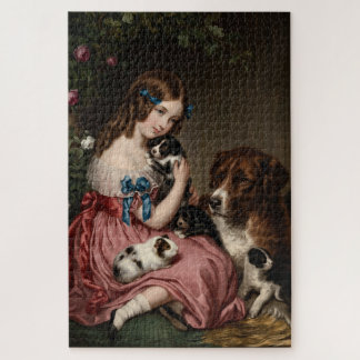 Quebra-cabeça Menina Vitoriana com Cachorrinhos e Porquinho-da-Í