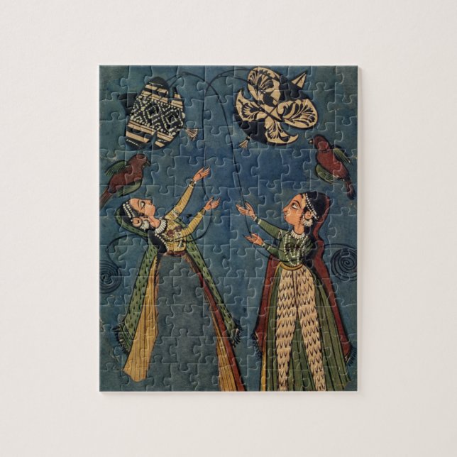 Quebra-cabeça Meninas que voam papagaios, pintura popular de (Vertical)