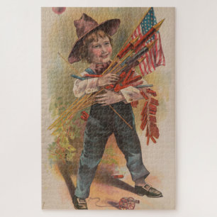 Quebra-cabeça Menino com Fogos de Artifício, Bandeira Americana,