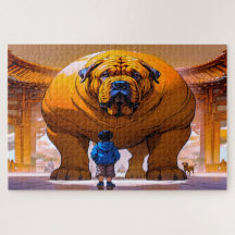 menino e cão grande