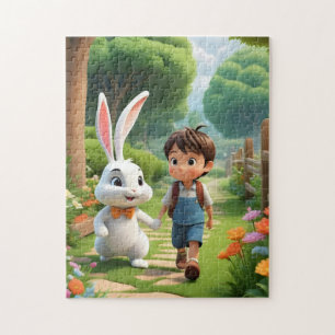 Quebra-cabeça Menino Fofo e Coelho Branco Gigante Jardim Puzzle