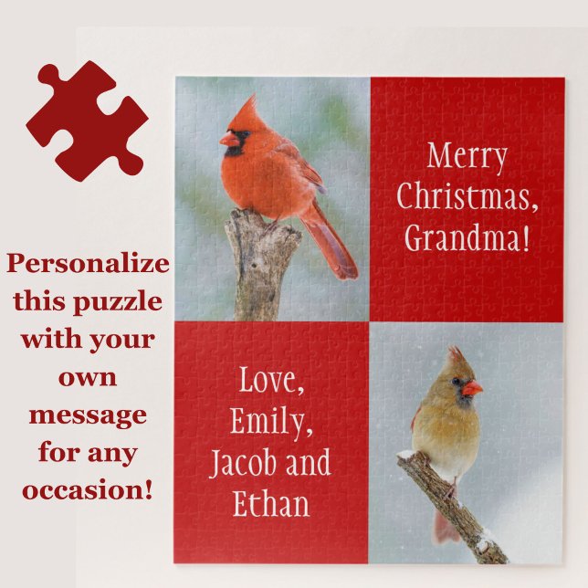 Quebra-cabeça Mensagem pessoal Pássaros Cardinais Vermelho Natal (Personalize this beautiful cardinal birds jigsaw puzzle for a great gift!)