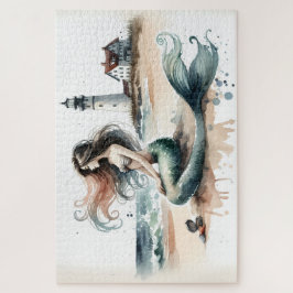 Quebra-cabeça Mermaid Lighthouse Coastal Watercolor Scene