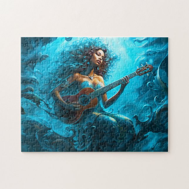 Quebra-cabeça Mermaid Playing Guitar Underwater Fantasy Painting (Horizontal)